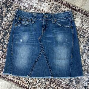 True Religion Vintage Y2K USA Made Raw Hem Blue Distressed Denim Mini Skirt | 31